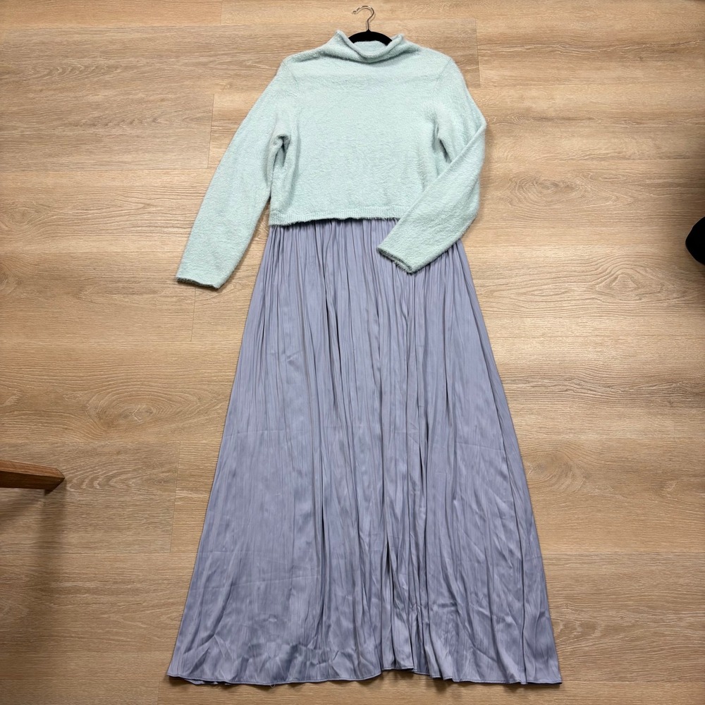 Anthropologie Maxi Dress Mint Green Fuzzy Knit w/ Pleated Skirt Wome's 1X